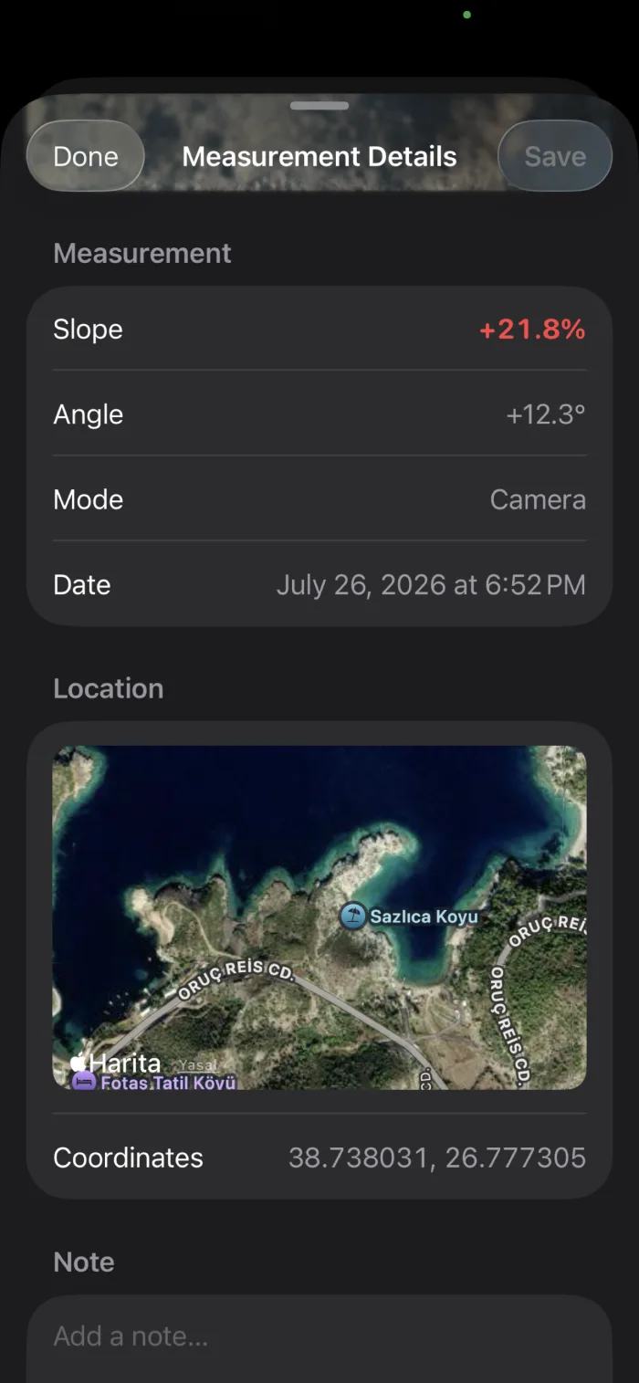 A saved measurement with slope, angle, location, and note